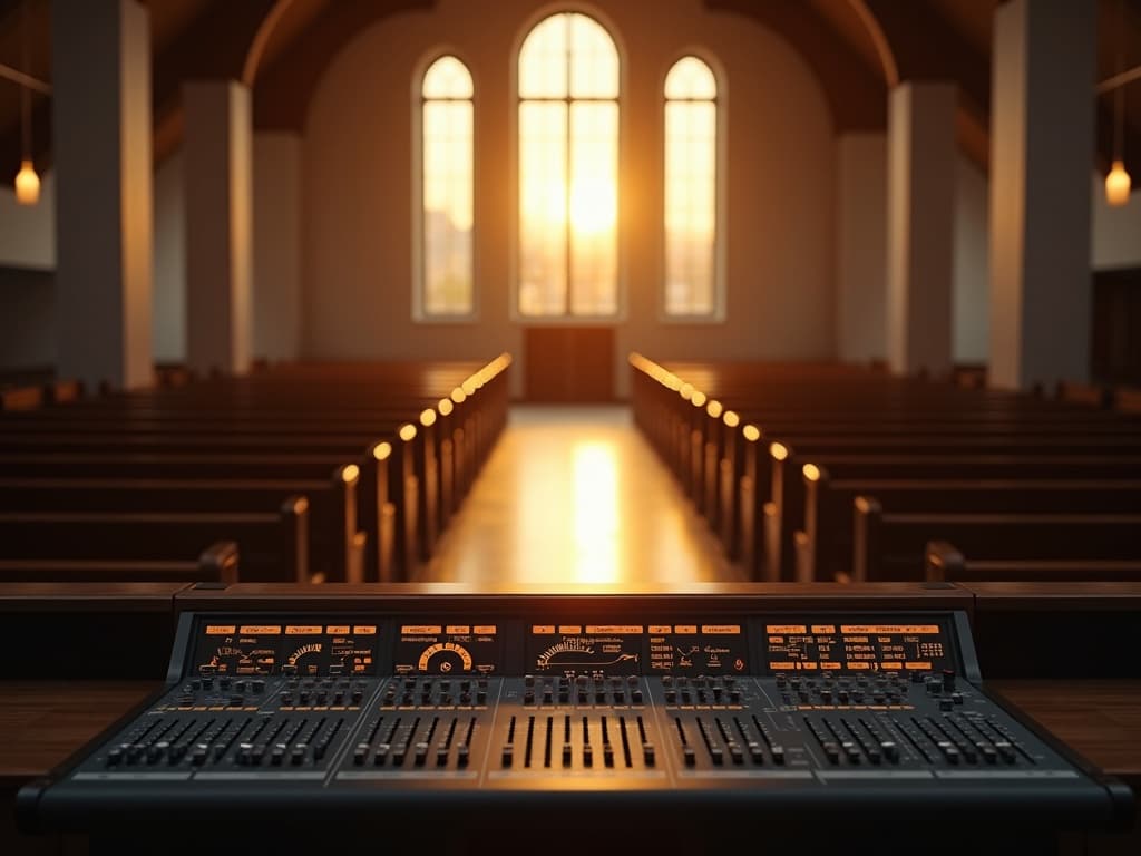 A mixing console at the back of a sunlit church sanctuary, warm amber level meters glowing in the foreground